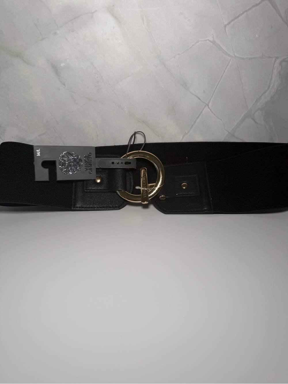 NWT Vince Camuto wide waist belt statement piece metallic gold circle bar toggle